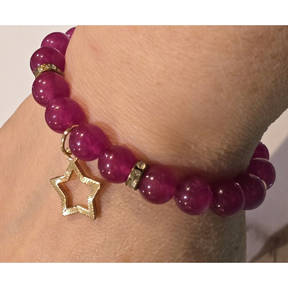 Pink Dyed Stone Bead Stretch Bracelet Gold Tone Star Charm Rhinestone Celestial